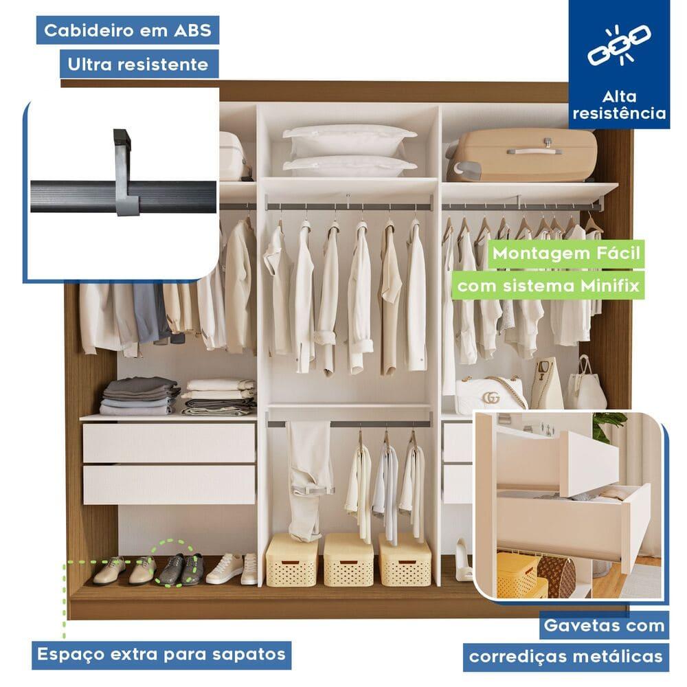 Guarda Roupa 3 Portas de Correr com Espelho Central 4 Gavetas Evidence Minastex Freijó