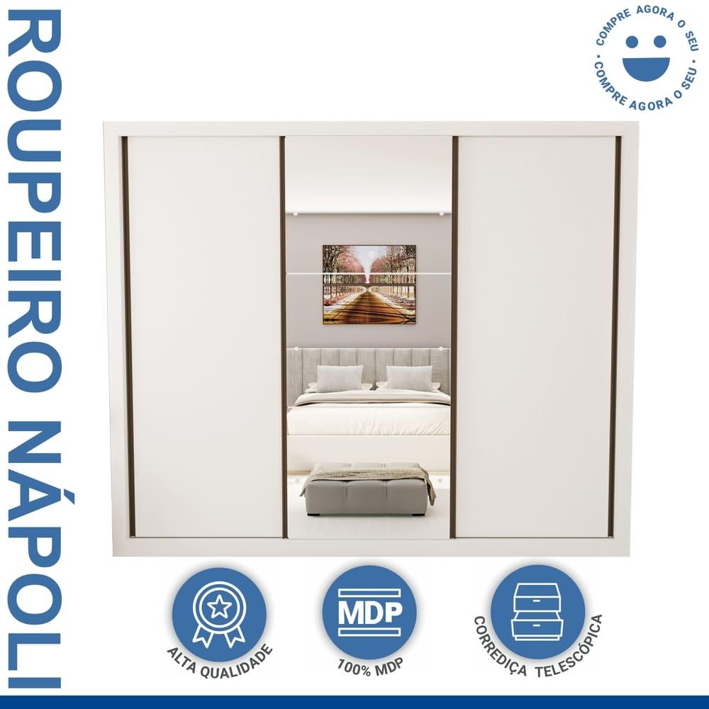Guarda Roupa 3 Portas de Correr com Espelho Central 6 Gavetas Nápoli Minastex Branco