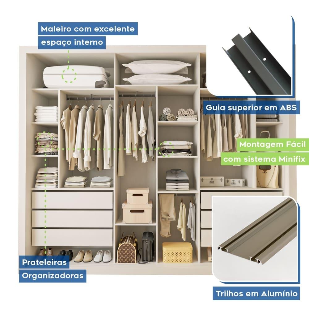 Guarda Roupa 3 Portas de Correr com Espelho Central 6 Gavetas Nápoli Minastex Branco
