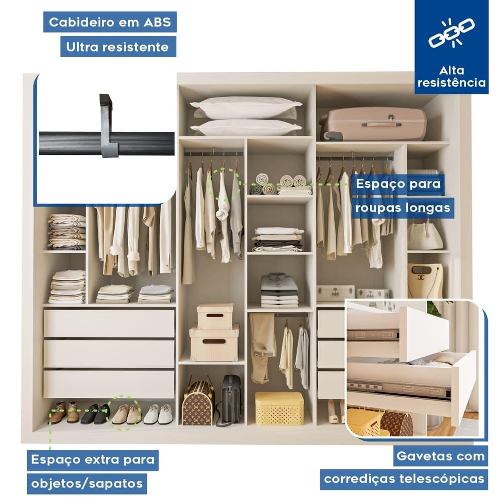 Guarda Roupa 3 Portas de Correr com Espelho Central 6 Gavetas Nápoli Minastex Branco