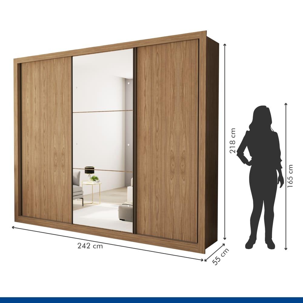 Guarda Roupa 3 Portas de Correr com Espelho Central 6 Gavetas Nápoli Minastex Carvalho