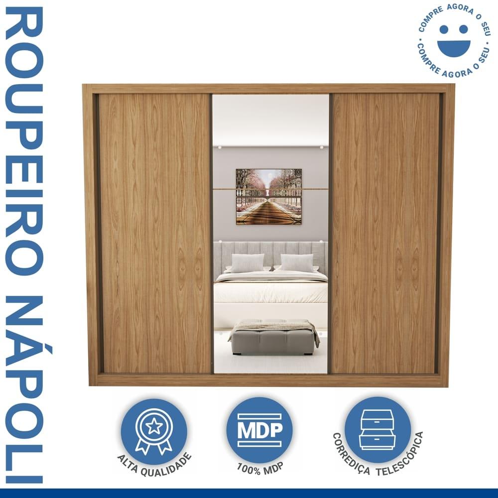 Guarda Roupa 3 Portas de Correr com Espelho Central 6 Gavetas Nápoli Minastex Carvalho