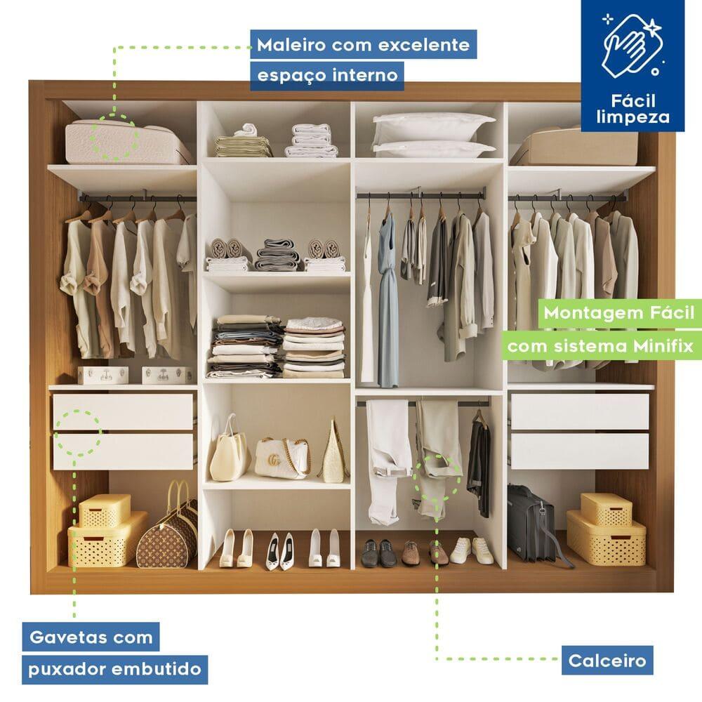Guarda Roupa 4 Portas de Correr 4 Gavetas Nápoli Minastex Carvalho