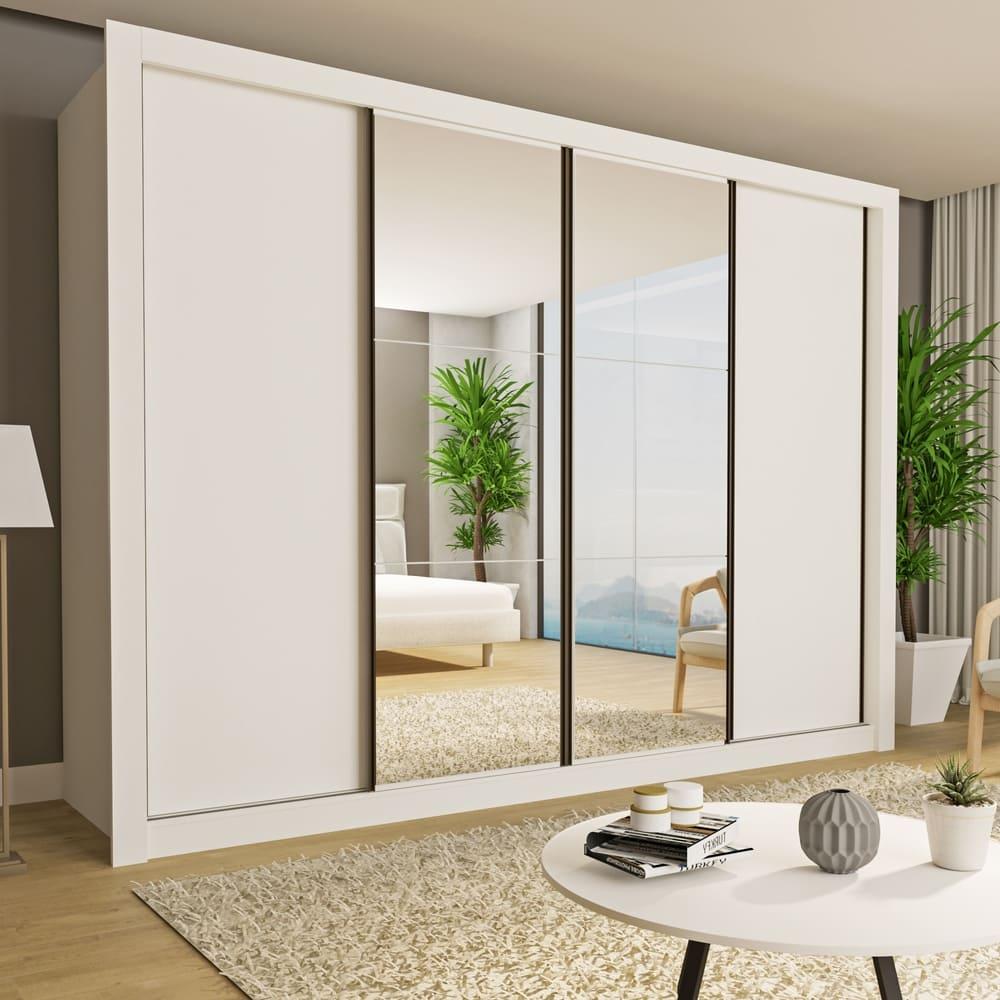Guarda Roupa 4 Portas de Correr com Espelhos 4 Gavetas Firenze Minastex Branco