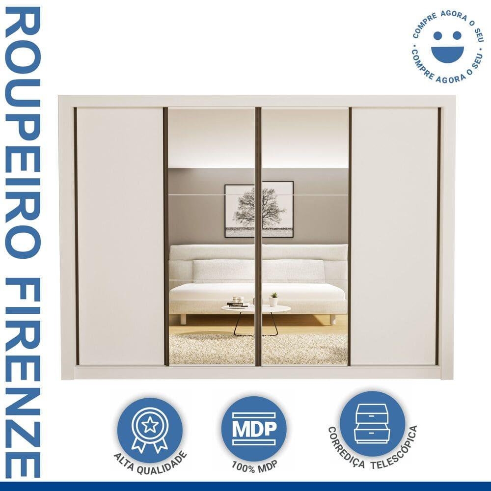 Guarda Roupa 4 Portas de Correr com Espelhos 4 Gavetas Firenze Minastex Branco