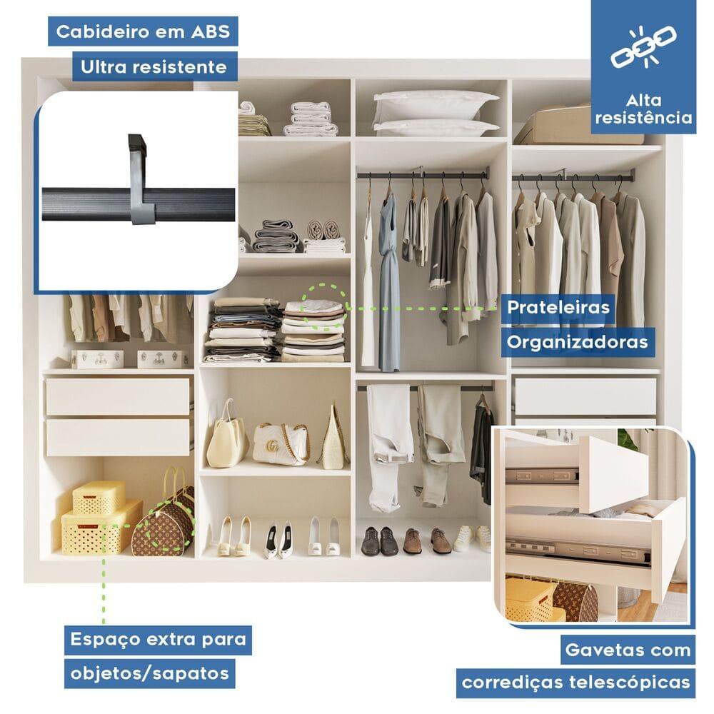 Guarda Roupa 4 Portas de Correr com Espelhos 4 Gavetas Firenze Minastex Branco