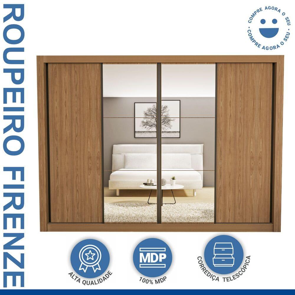 Guarda Roupa 4 Portas de Correr com Espelhos 4 Gavetas Firenze Minastex Carvalho