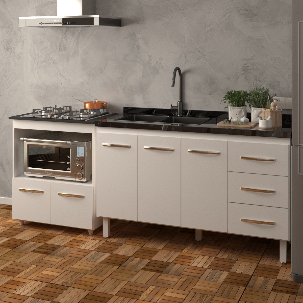 Armário Balcão Gabinete de Pia 140 cm Carine e Balcão Para Fogão Cooktop 4 Bocas e Forno Elétrico Evelyn Branco 