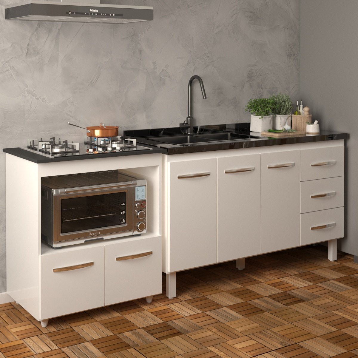 Armário Balcão Gabinete de Pia 140 cm Carine e Balcão Para Fogão Cooktop 4 Bocas e Forno Elétrico Evelyn Branco 