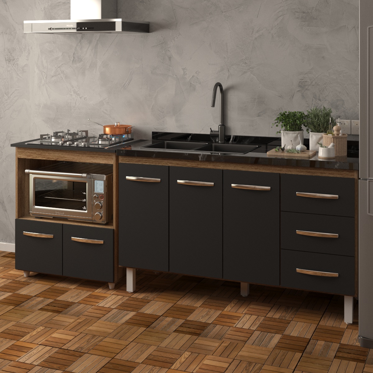 Armário Balcão Gabinete de Pia 140 cm Carine e Balcão Para Fogão Cooktop 4 Bocas e Forno Elétrico Evelyn Savana Preto 