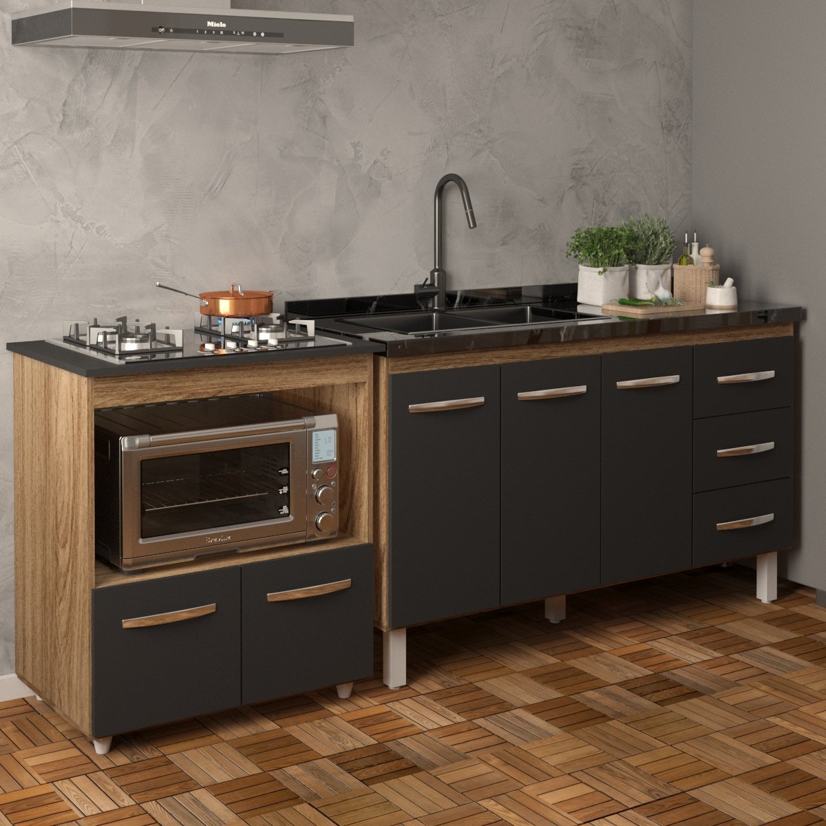 Armário Balcão Gabinete de Pia 140 cm Carine e Balcão Para Fogão Cooktop 4 Bocas e Forno Elétrico Evelyn Savana Preto 
