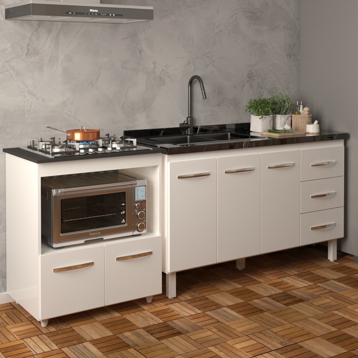 Armário Balcão Gabinete de Pia 140 cm Carine e Balcão Para Fogão Cooktop 5 Bocas e Forno Elétrico Evelyn Branco 