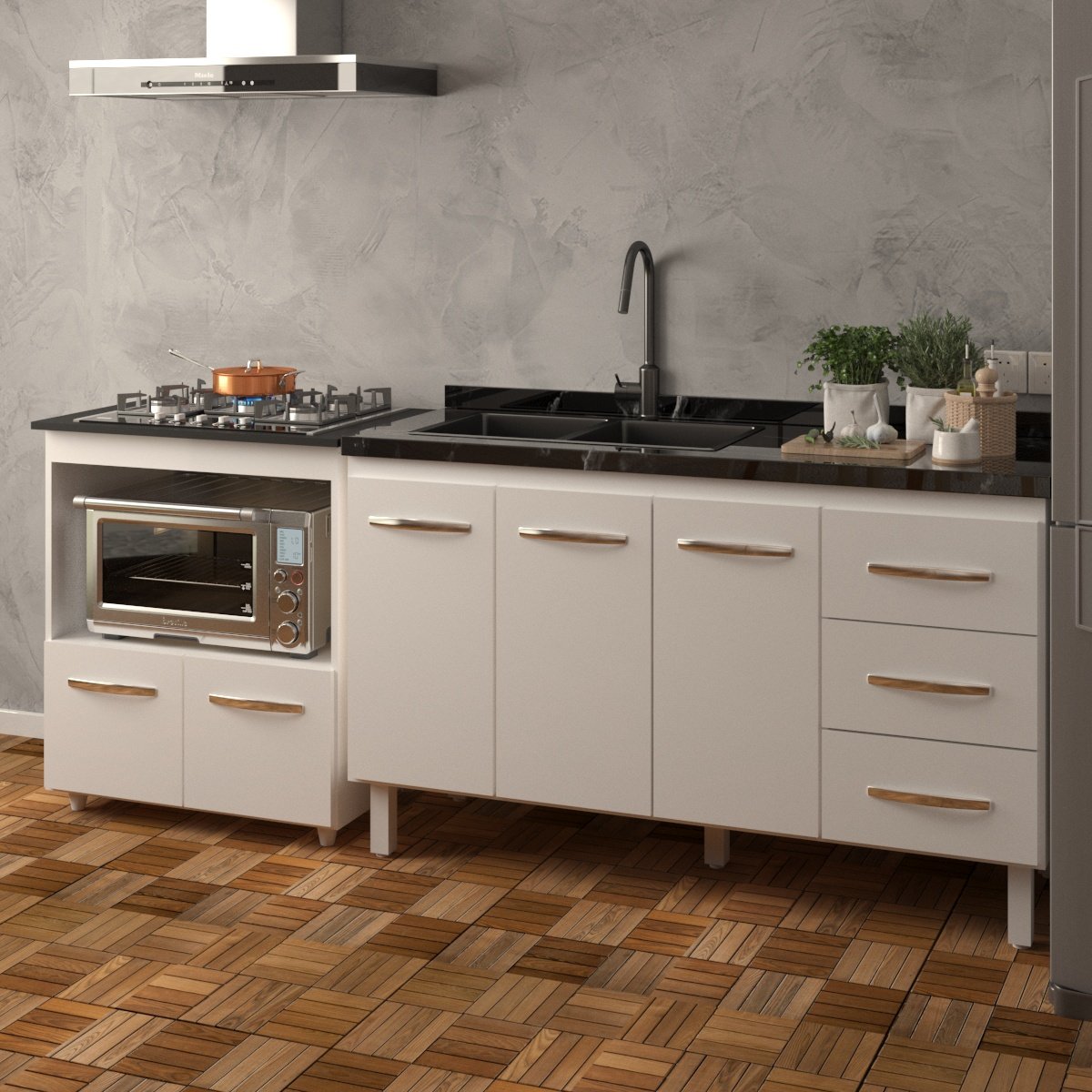 Armário Balcão Gabinete de Pia 140 cm Carine e Balcão Para Fogão Cooktop 5 Bocas e Forno Elétrico Evelyn Branco 