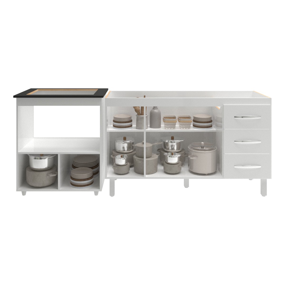 Armário Balcão Gabinete de Pia 140 cm Carine e Balcão Para Fogão Cooktop 5 Bocas e Forno Elétrico Evelyn Branco 