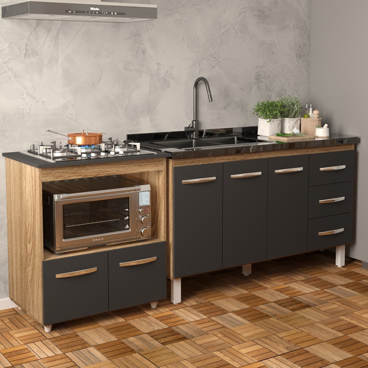 Armário Balcão Gabinete de Pia 140 cm Carine e Balcão Para Fogão Cooktop 5 Bocas e Forno Elétrico Evelyn Savana Preto 
