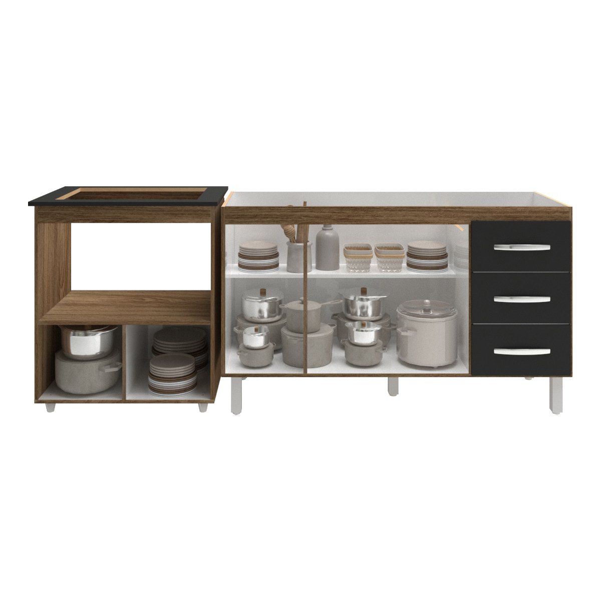 Armário Balcão Gabinete de Pia 140 cm Carine e Balcão Para Fogão Cooktop 5 Bocas e Forno Elétrico Evelyn Savana Preto 