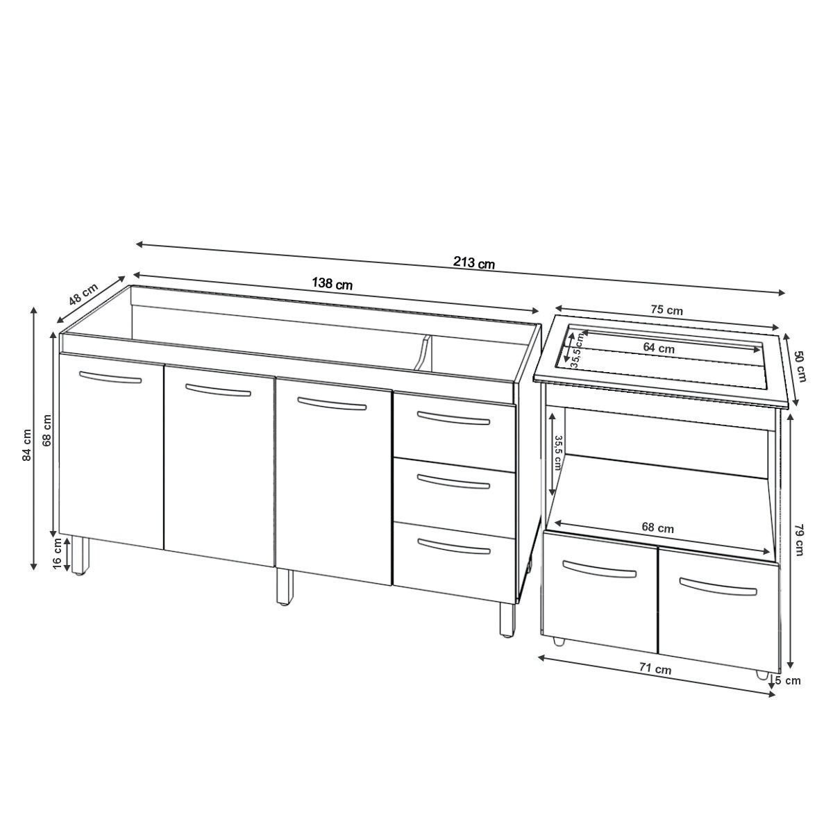 Armário Balcão Gabinete de Pia 140 cm Carine e Balcão Para Fogão Cooktop 5 Bocas e Forno Elétrico Evelyn Savana Preto 