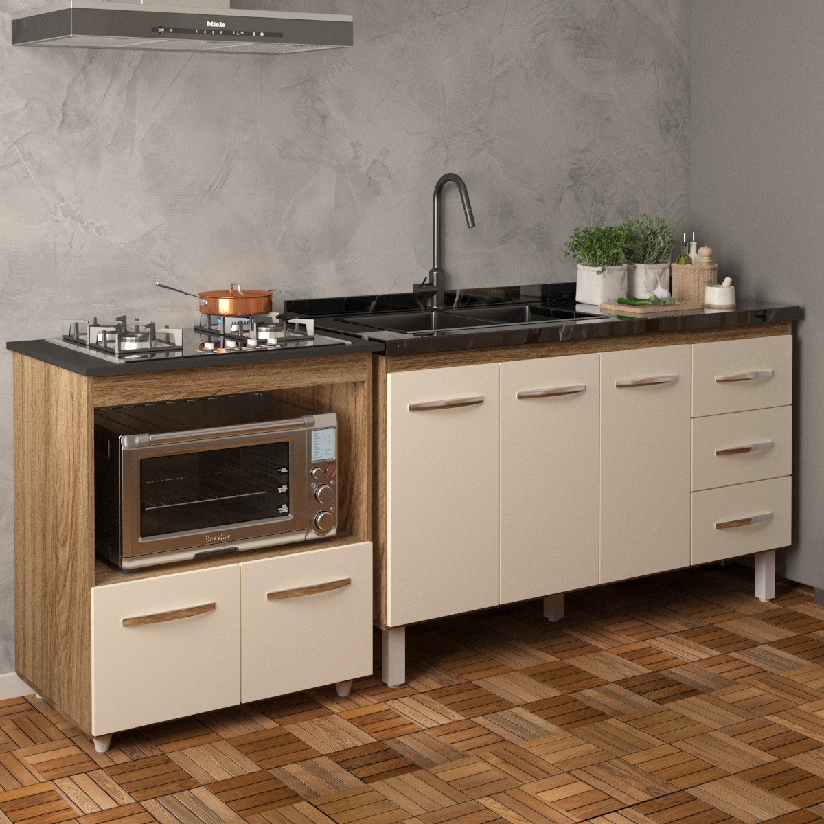 Armário Balcão Gabinete de Pia 140cm Carine e Balcão Para Fogão Cooktop 4 Bocas e Forno Elétrico Evelyn Savana Off White 