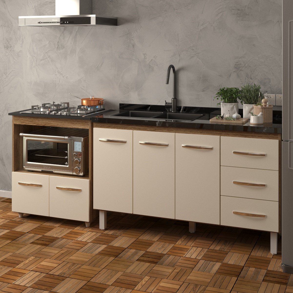Armário Balcão Gabinete de Pia 140cm Carine e Balcão Para Fogão Cooktop 4 Bocas e Forno Elétrico Evelyn Savana Off White 