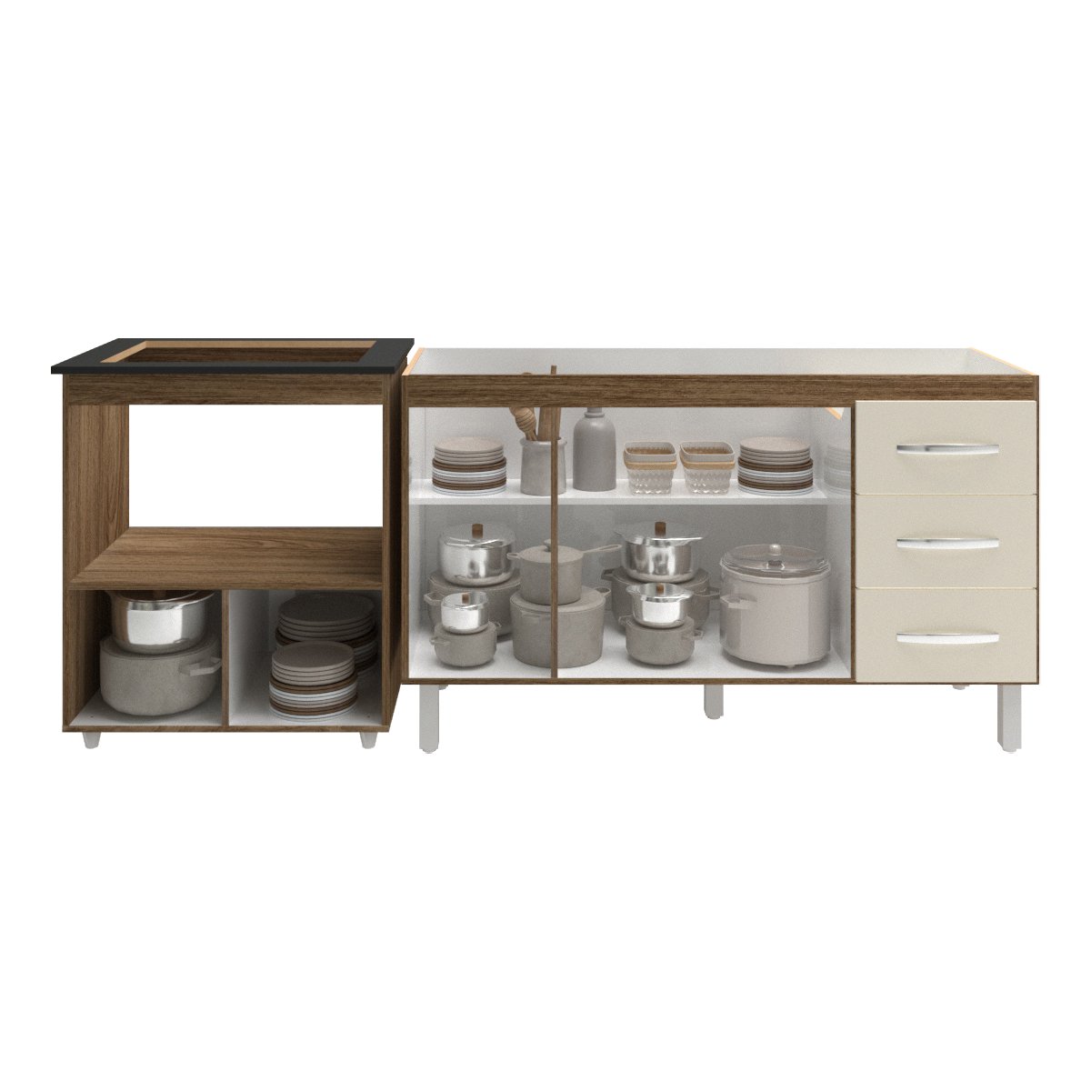 Armário Balcão Gabinete de Pia 140cm Carine e Balcão Para Fogão Cooktop 4 Bocas e Forno Elétrico Evelyn Savana Off White 