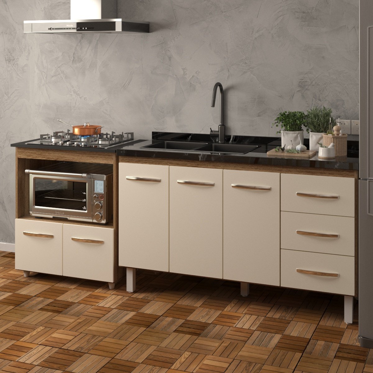Armário Balcão Gabinete de Pia 140cm Carine e Balcão Para Fogão Cooktop 5 Bocas e Forno Elétrico Evelyn Savana Off White 