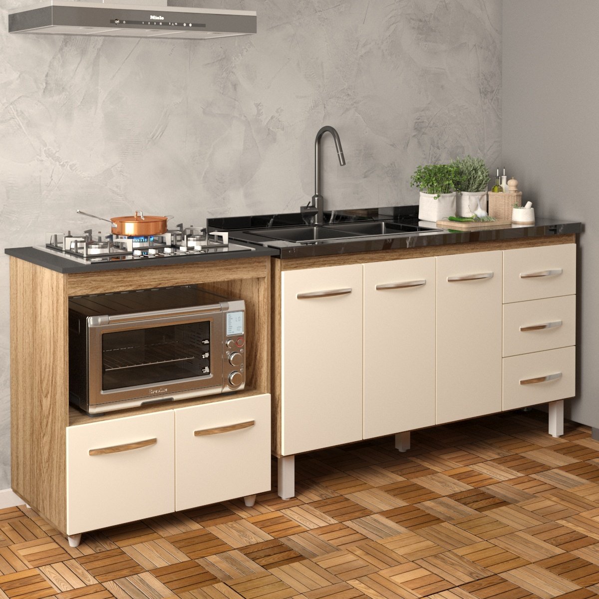 Armário Balcão Gabinete de Pia 140cm Carine e Balcão Para Fogão Cooktop 5 Bocas e Forno Elétrico Evelyn Savana Off White 