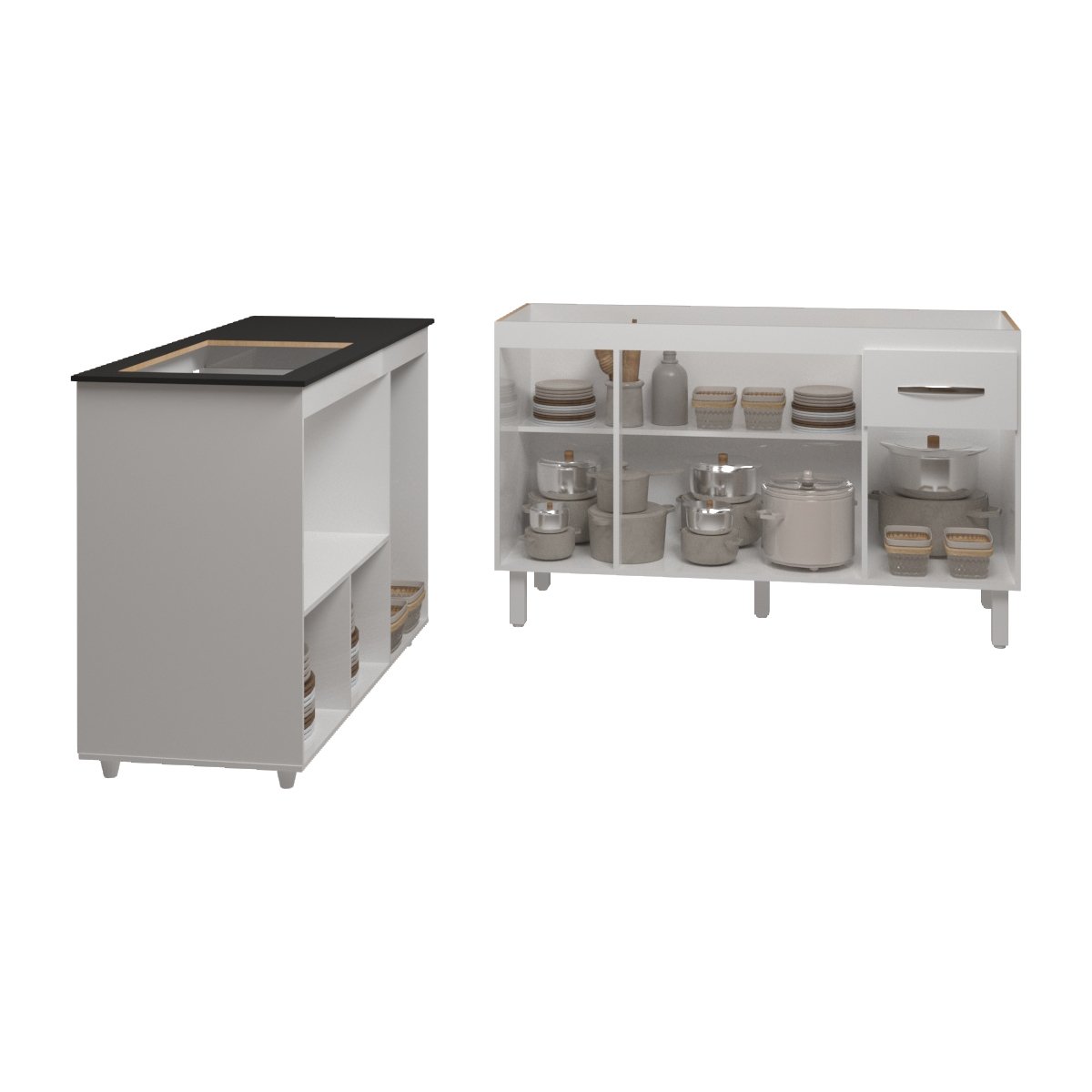 Armário Camila Cozinha Gabinete de Pia 140 cm e Balcão para Cooktop 4 Bocas e Forno ou Microondas Alana Branco 