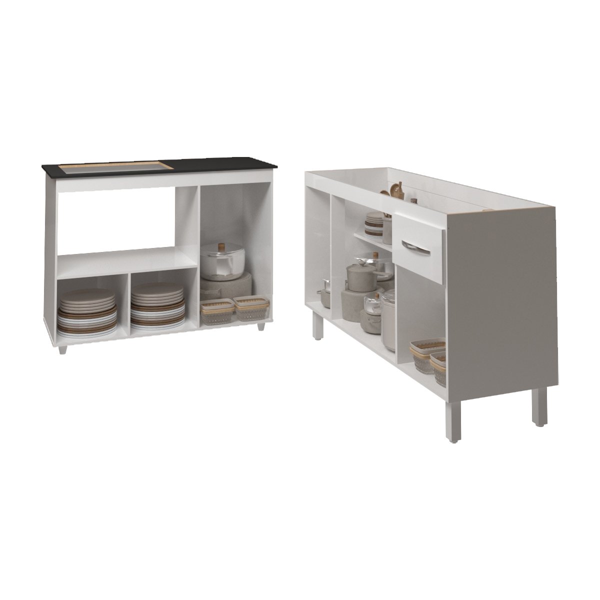 Armário Camila Cozinha Gabinete de Pia 140 cm e Balcão para Cooktop 4 Bocas e Forno ou Microondas Alana Branco 