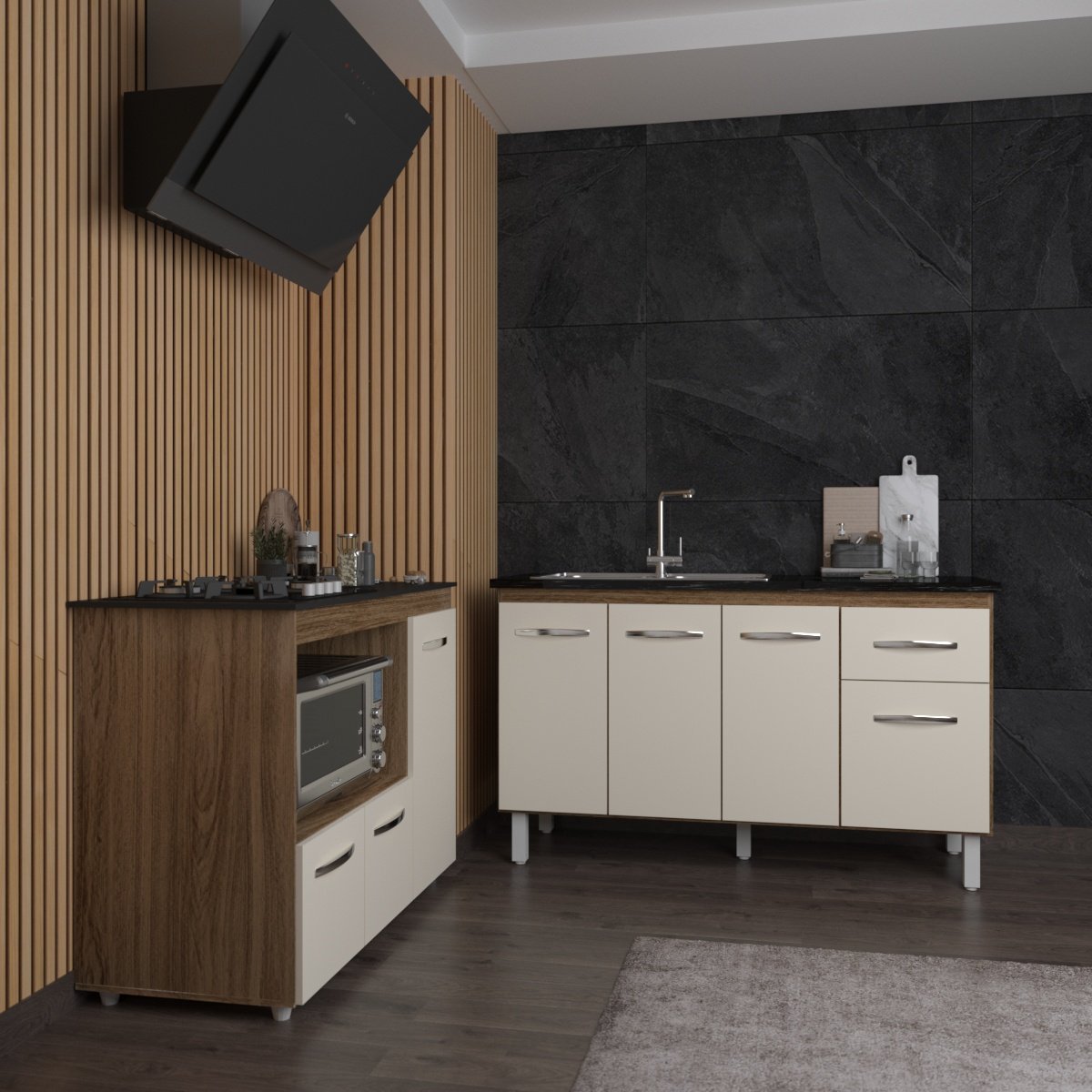 Armário Camila Cozinha Gabinete de Pia 140 cm e Balcão para Cooktop 4 Bocas e Forno ou Microondas Alana Savana Off White 