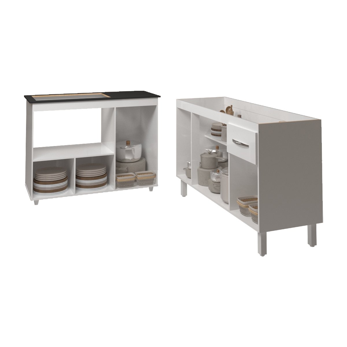 Armário Camila Cozinha Gabinete de Pia 140 cm e Balcão para Cooktop 5 Bocas e Forno ou Microondas Alana Branco 