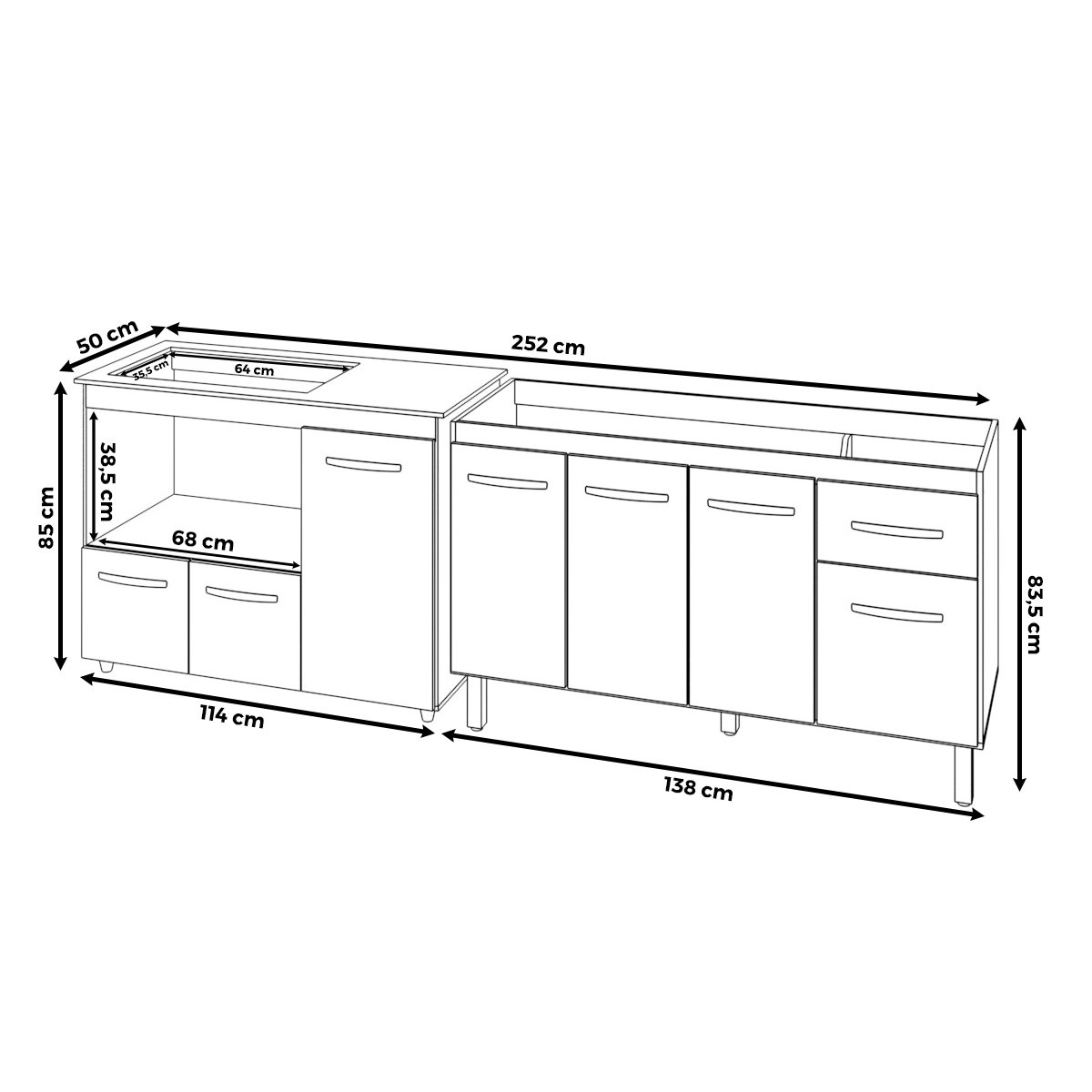 Armário Camila Cozinha Gabinete de Pia 140 cm e Balcão para Cooktop 5 Bocas e Forno ou Microondas Alana Branco 
