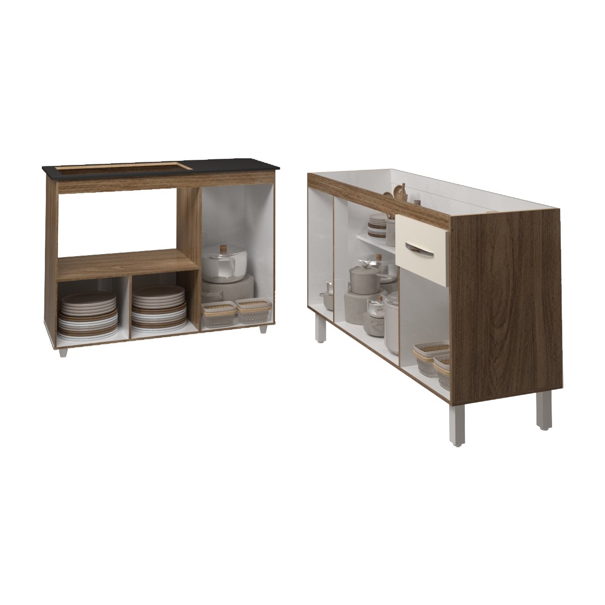 Armário Camila Cozinha Gabinete de Pia 140 cm e Balcão para Cooktop 5 Bocas e Forno ou Microondas Alana Savana Off White 