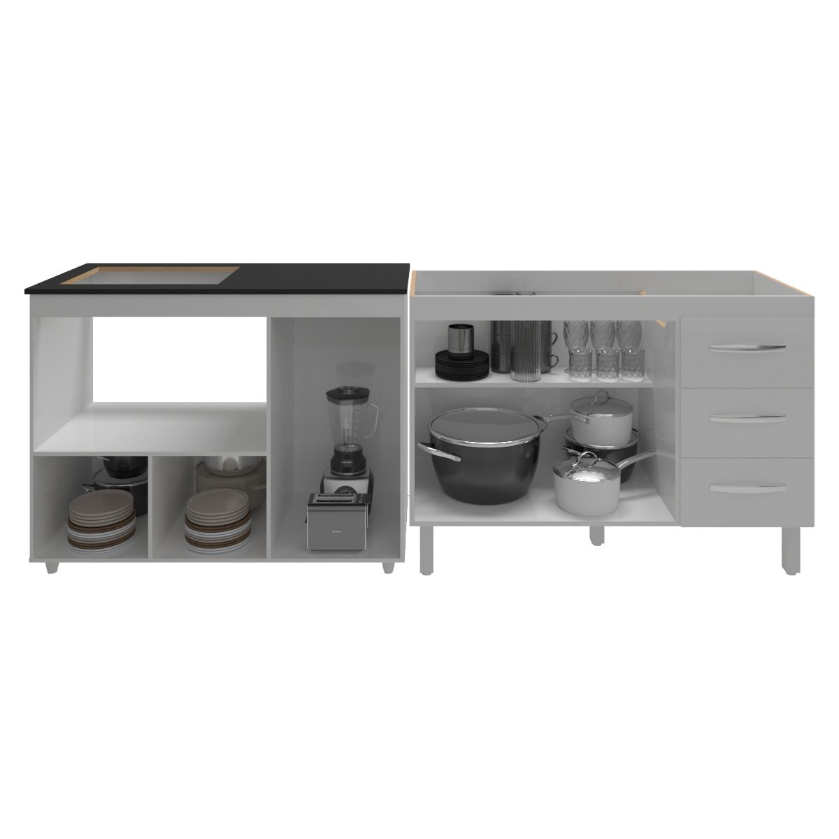 Armário Cozinha Balcão Gabinete de Pia 120 cm Bruna e Balcão Alana para Fogão Cooktop 4 Bocas e Forno Branco 