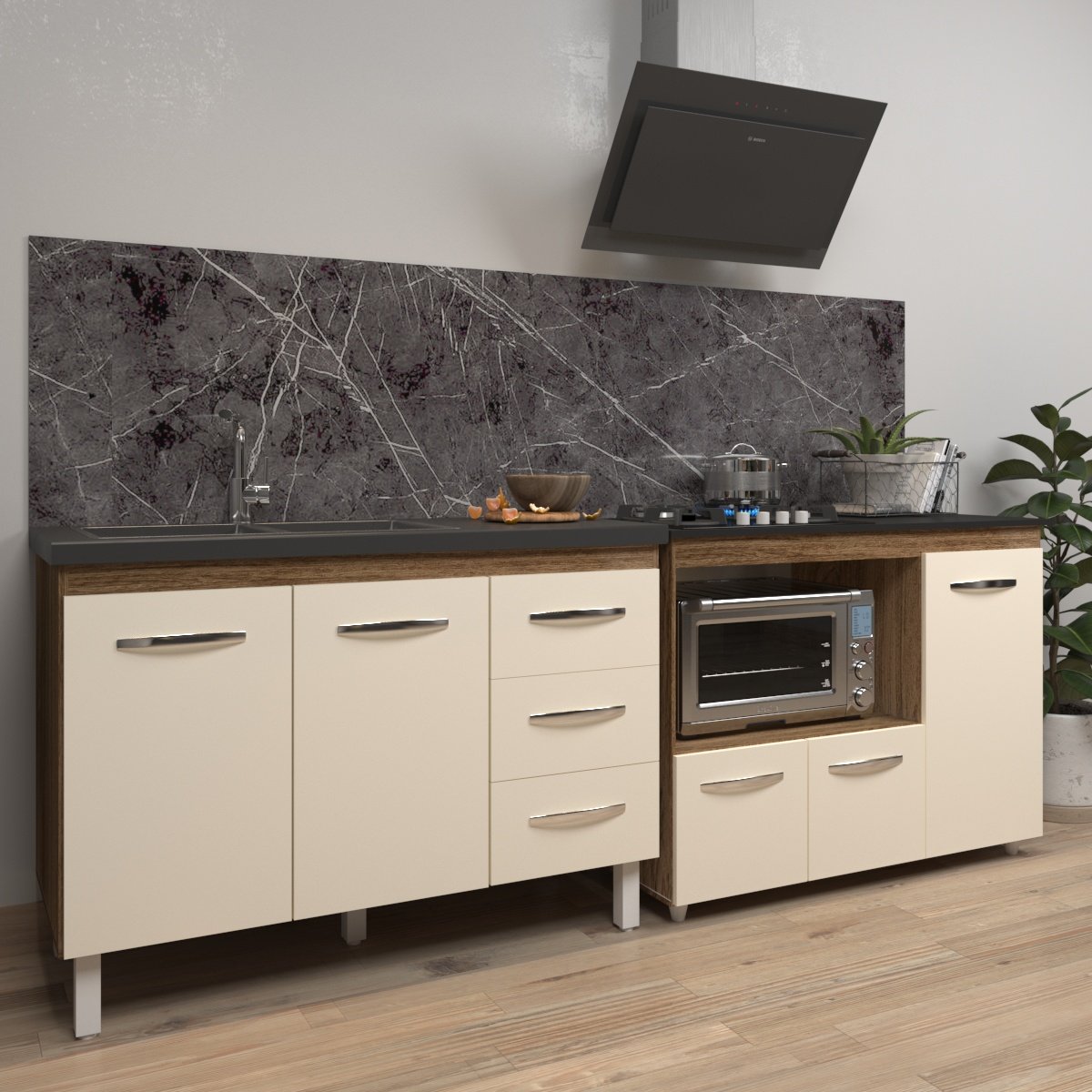 Armário Cozinha Balcão Gabinete de Pia 120 cm Bruna e Balcão Alana para Fogão Cooktop 4 Bocas e Forno Savana Off White 