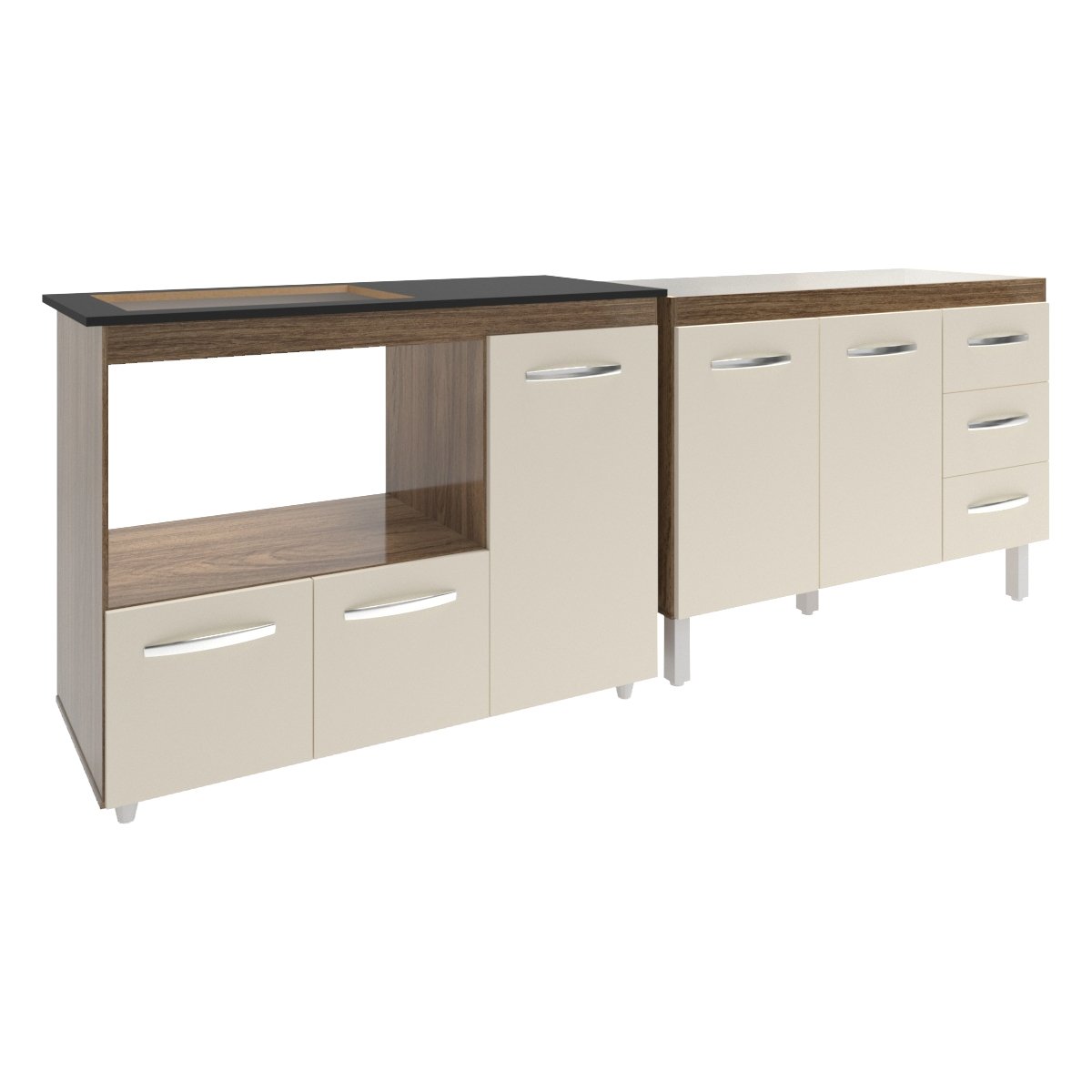 Armário Cozinha Balcão Gabinete de Pia 120 cm Bruna e Balcão Alana para Fogão Cooktop 4 Bocas e Forno Savana Off White 