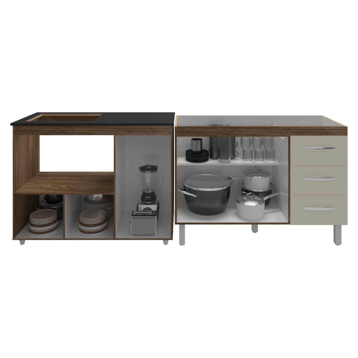 Armário Cozinha Balcão Gabinete de Pia 120 cm Bruna e Balcão Alana para Fogão Cooktop 4 Bocas e Forno Savana Off White 