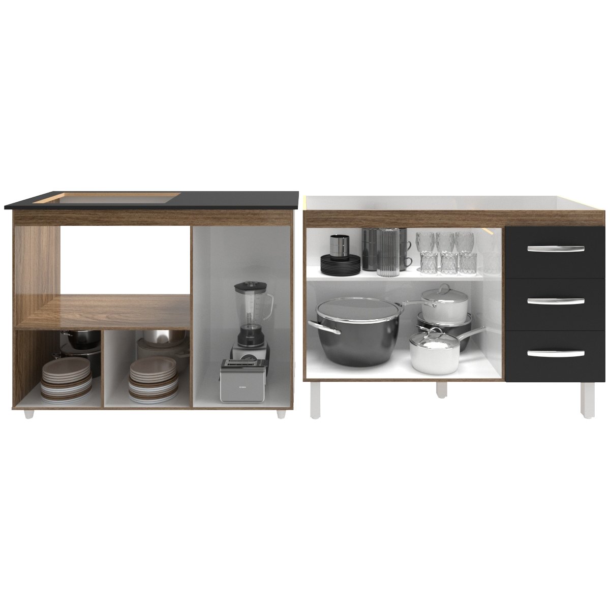Armário Cozinha Balcão Gabinete de Pia 120 cm Bruna e Balcão Alana para Fogão Cooktop 4 Bocas e Forno Savana Preto 