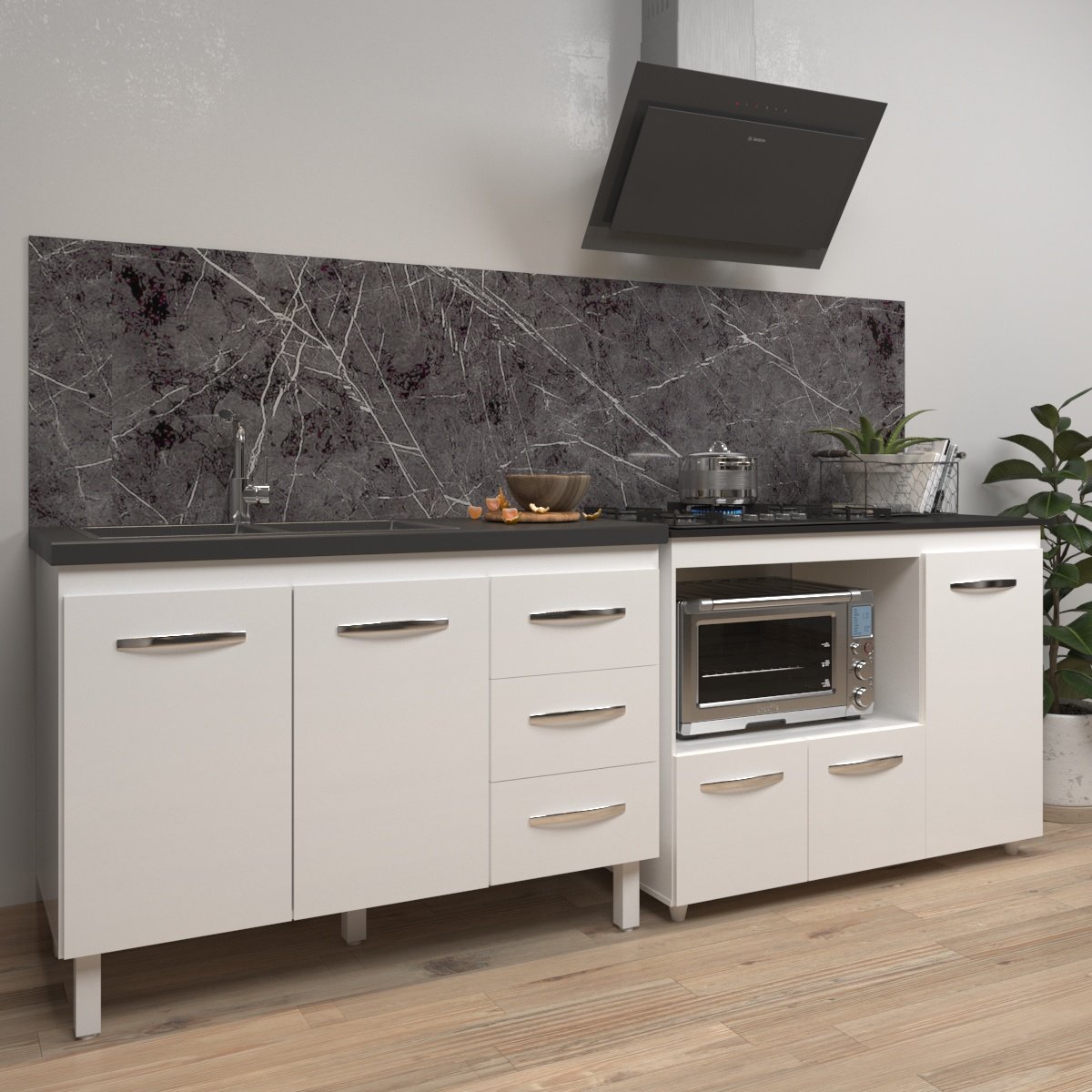 Armário Cozinha Balcão Gabinete de Pia 120 cm Bruna e Balcão Alana para Fogão Cooktop 5 Bocas e Forno Branco 