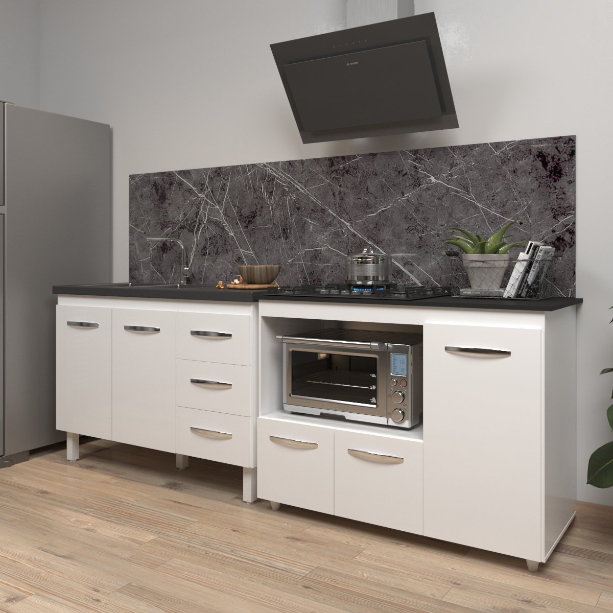 Armário Cozinha Balcão Gabinete de Pia 120 cm Bruna e Balcão Alana para Fogão Cooktop 5 Bocas e Forno Branco 