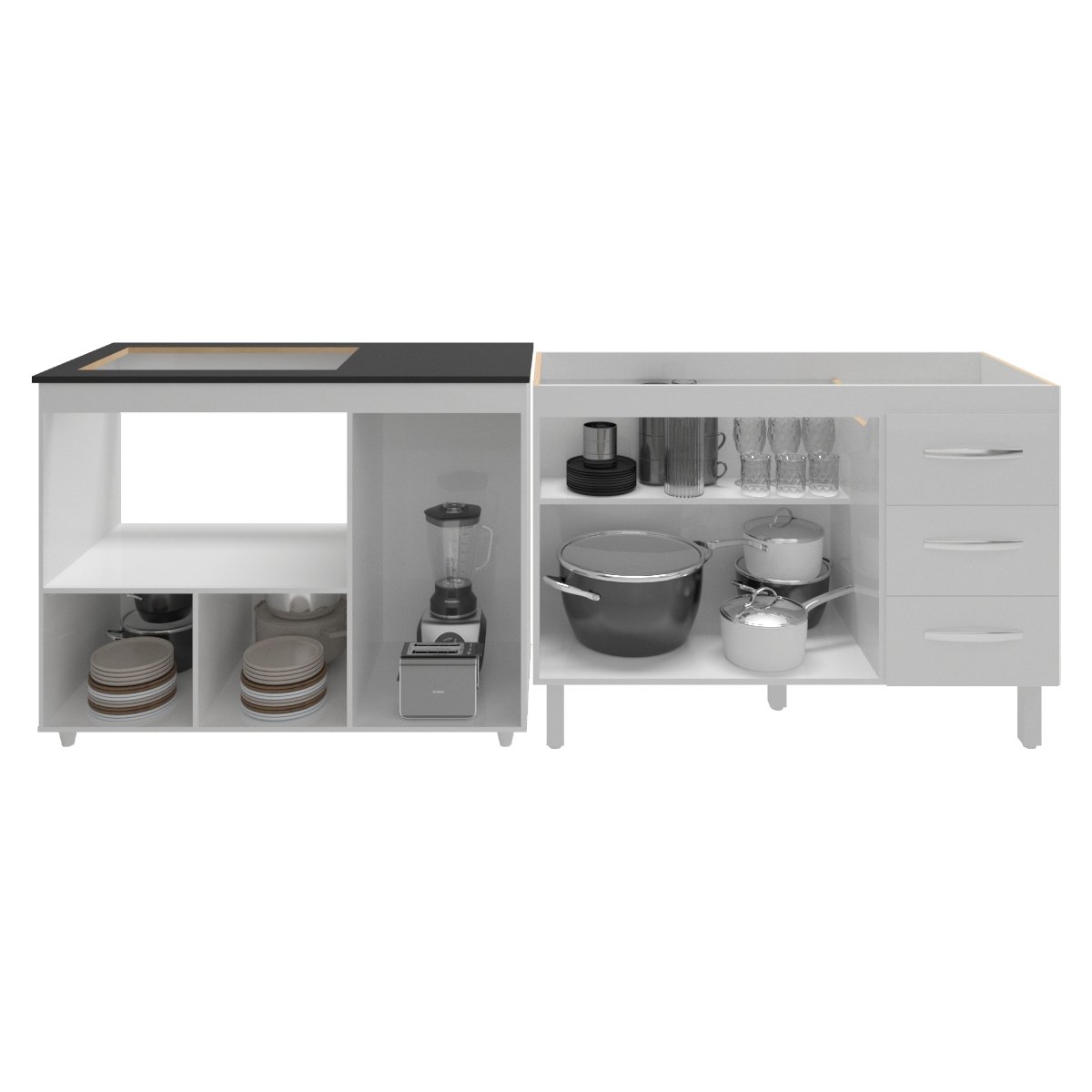 Armário Cozinha Balcão Gabinete de Pia 120 cm Bruna e Balcão Alana para Fogão Cooktop 5 Bocas e Forno Branco 