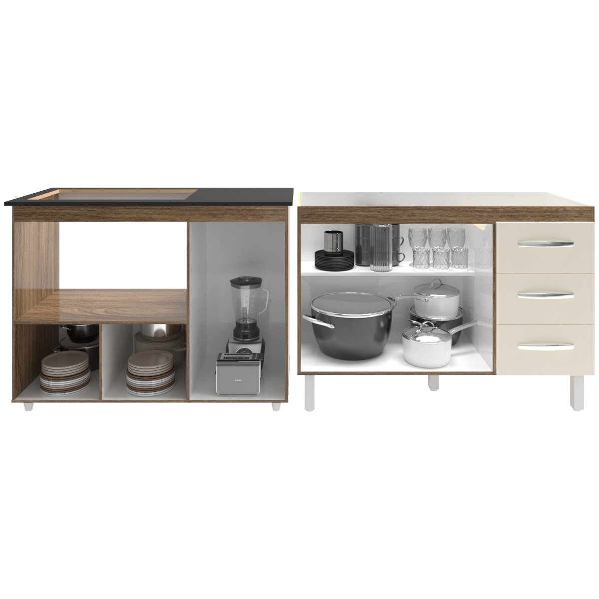 Armário Cozinha Balcão Gabinete de Pia 120 cm Bruna e Balcão Alana para Fogão Cooktop 5 Bocas e Forno Savana Off White 