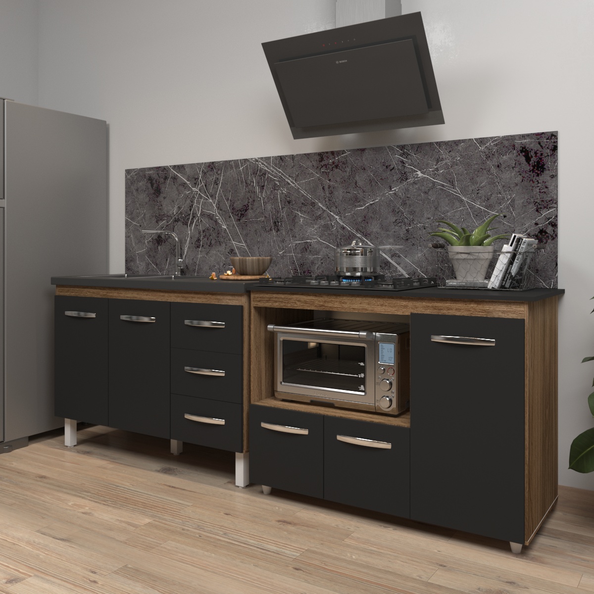Armário Cozinha Balcão Gabinete de Pia 120 cm Bruna e Balcão Alana para Fogão Cooktop 5 Bocas e Forno Savana Preto 