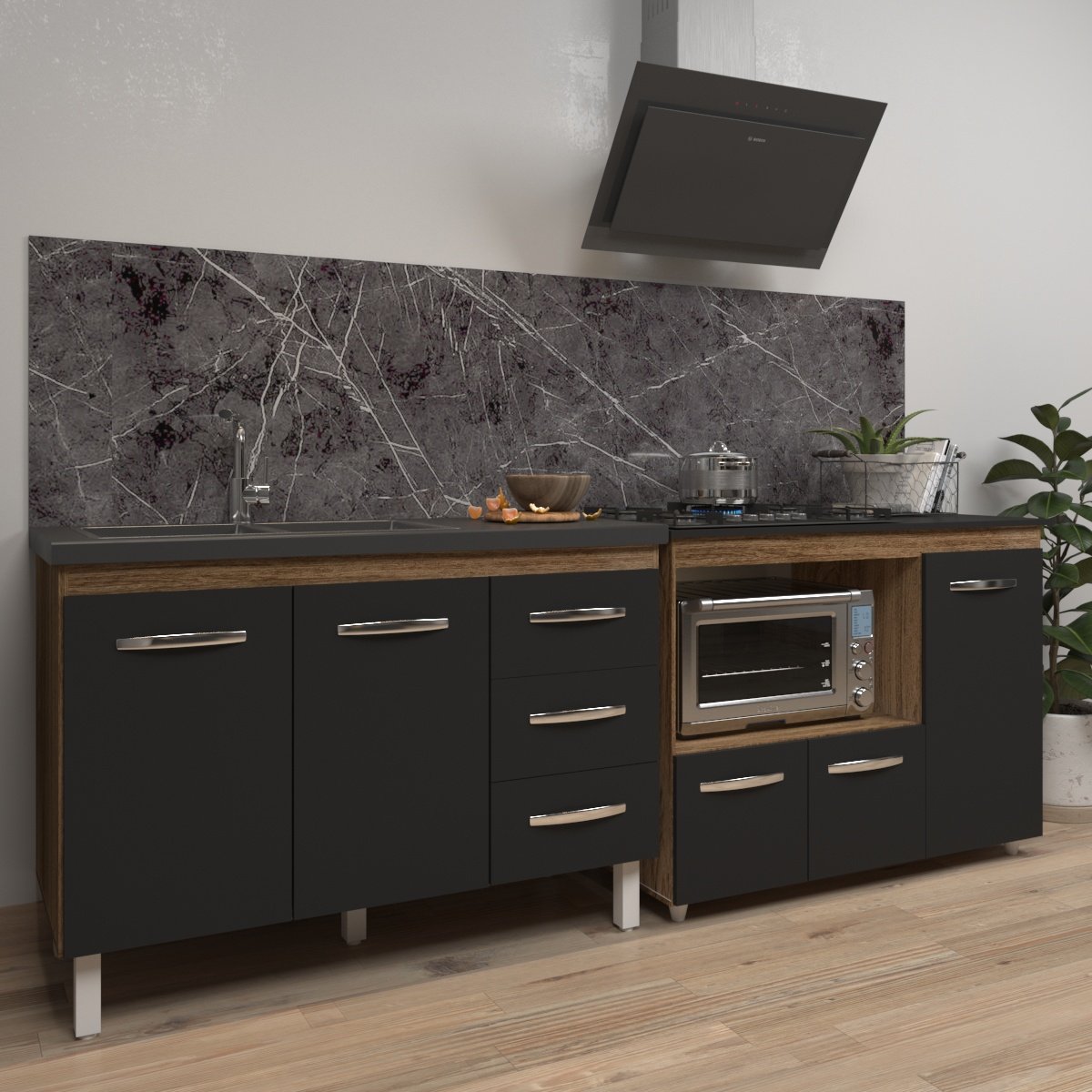 Armário Cozinha Balcão Gabinete de Pia 120 cm Bruna e Balcão Alana para Fogão Cooktop 5 Bocas e Forno Savana Preto 