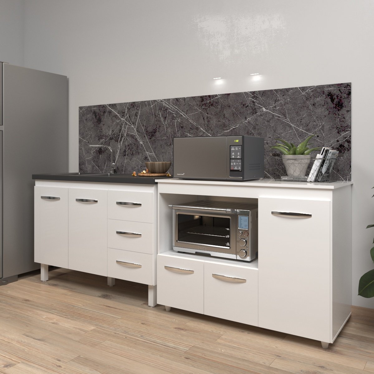 Armário Cozinha Balcão Gabinete de Pia 120 cm Bruna e Balcão Lilian para Microondas e Forno Elétrico Branco 