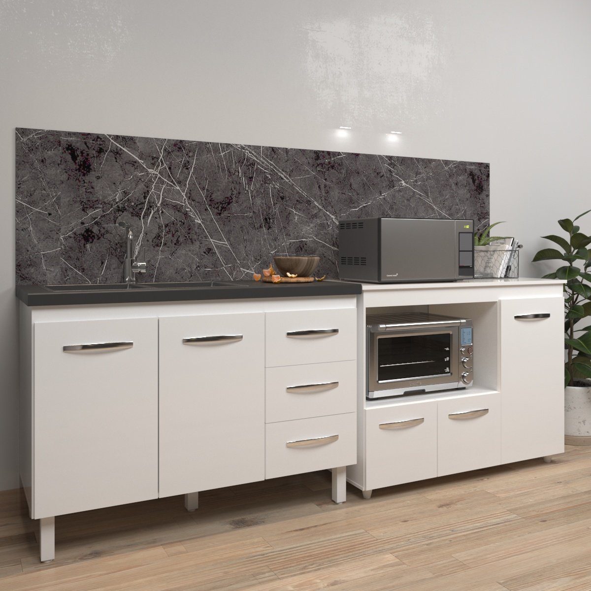 Armário Cozinha Balcão Gabinete de Pia 120 cm Bruna e Balcão Lilian para Microondas e Forno Elétrico Branco 