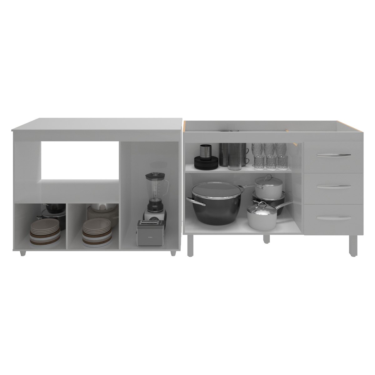 Armário Cozinha Balcão Gabinete de Pia 120 cm Bruna e Balcão Lilian para Microondas e Forno Elétrico Branco 