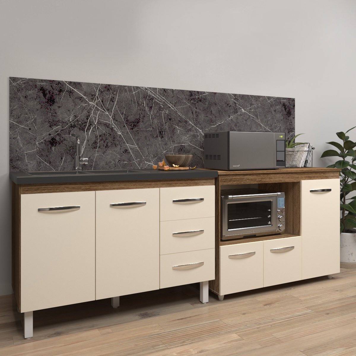Armário Cozinha Balcão Gabinete de Pia 120 cm Bruna e Balcão Lilian para Microondas e Forno Elétrico Savana Off White 