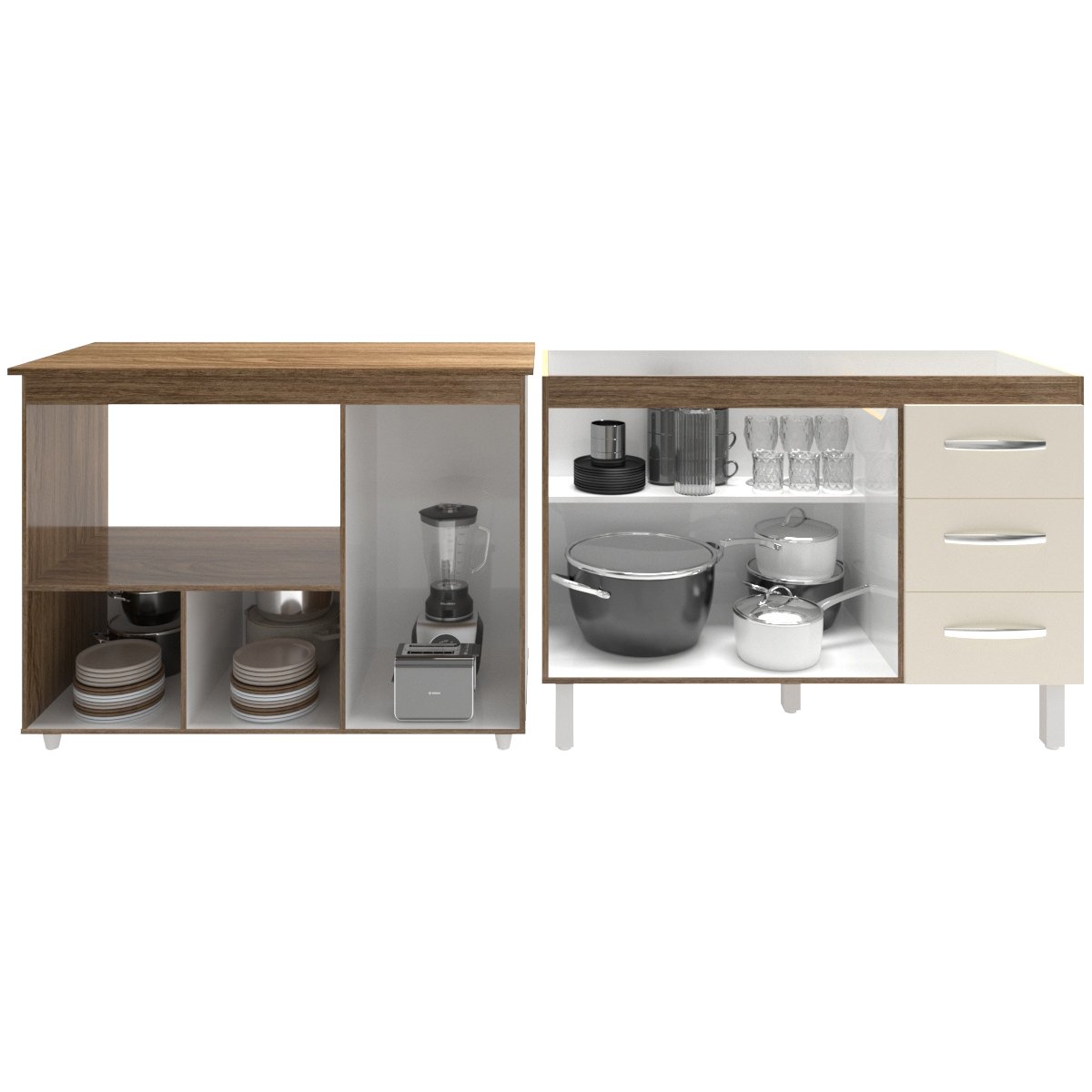 Armário Cozinha Balcão Gabinete de Pia 120 cm Bruna e Balcão Lilian para Microondas e Forno Elétrico Savana Off White 