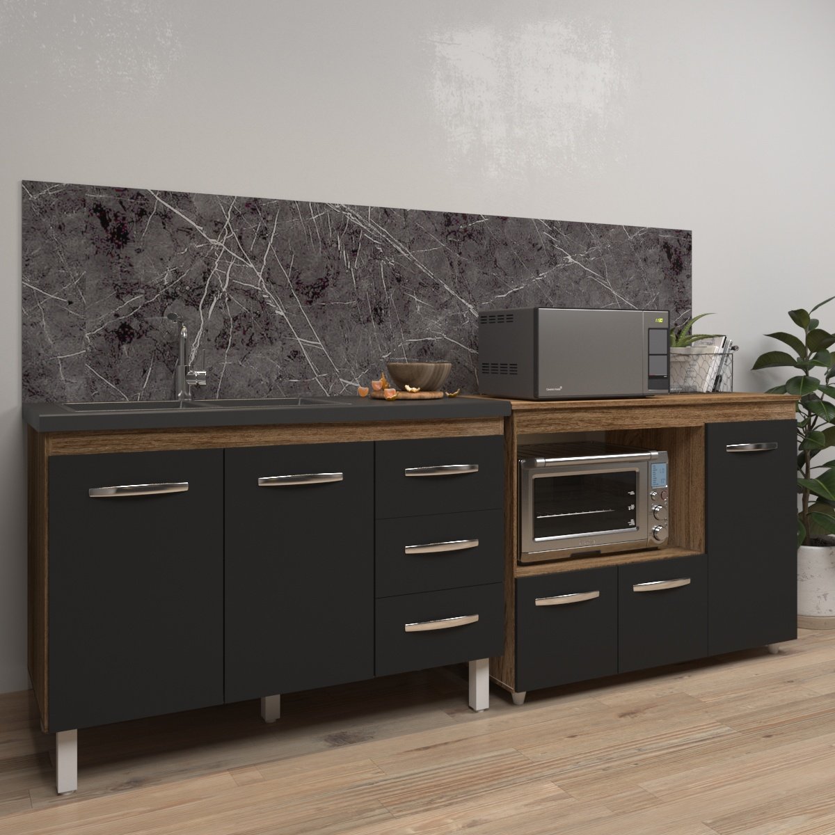 Armário Cozinha Balcão Gabinete de Pia 120 cm Bruna e Balcão Lilian para Microondas e Forno Elétrico Savana Preto 