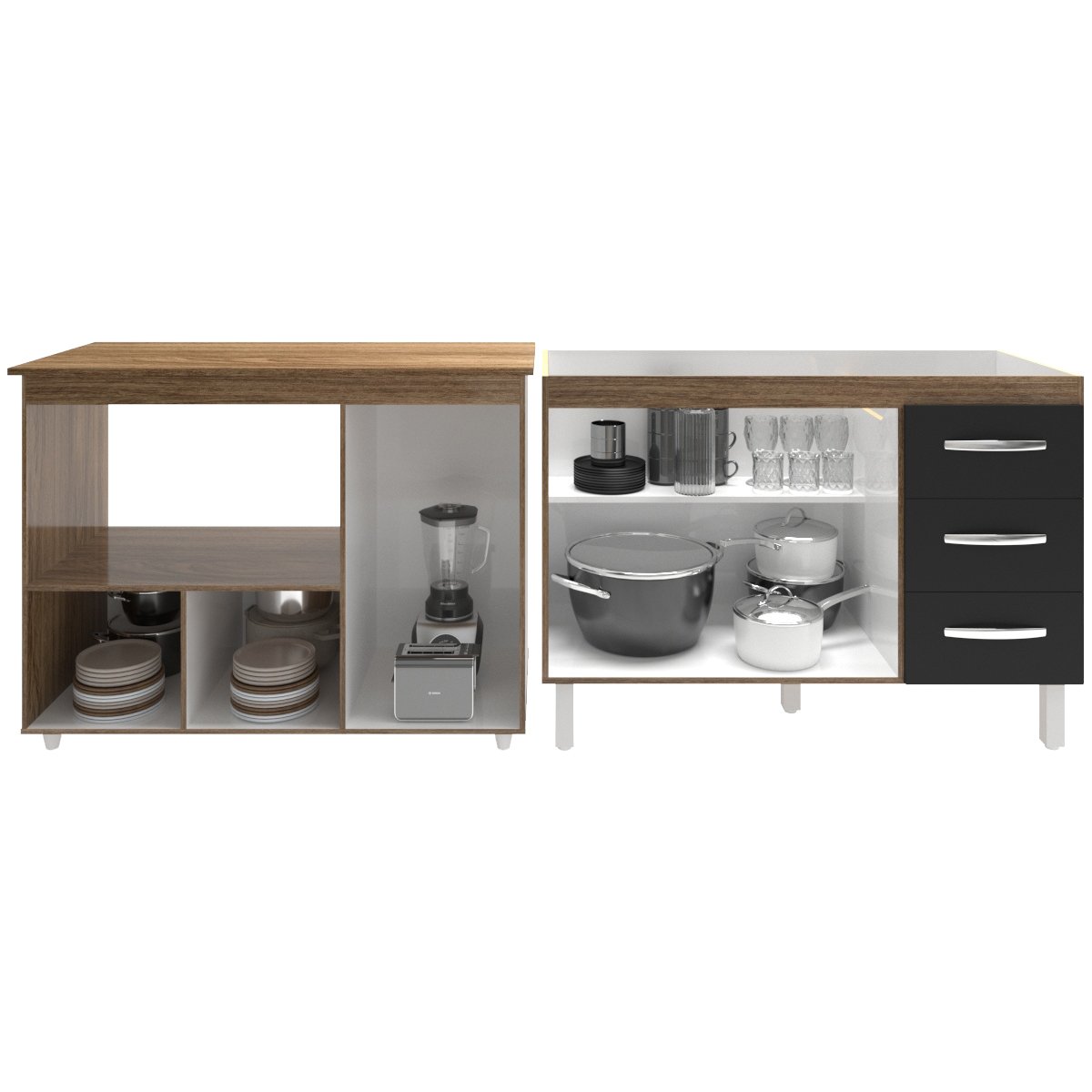 Armário Cozinha Balcão Gabinete de Pia 120 cm Bruna e Balcão Lilian para Microondas e Forno Elétrico Savana Preto 